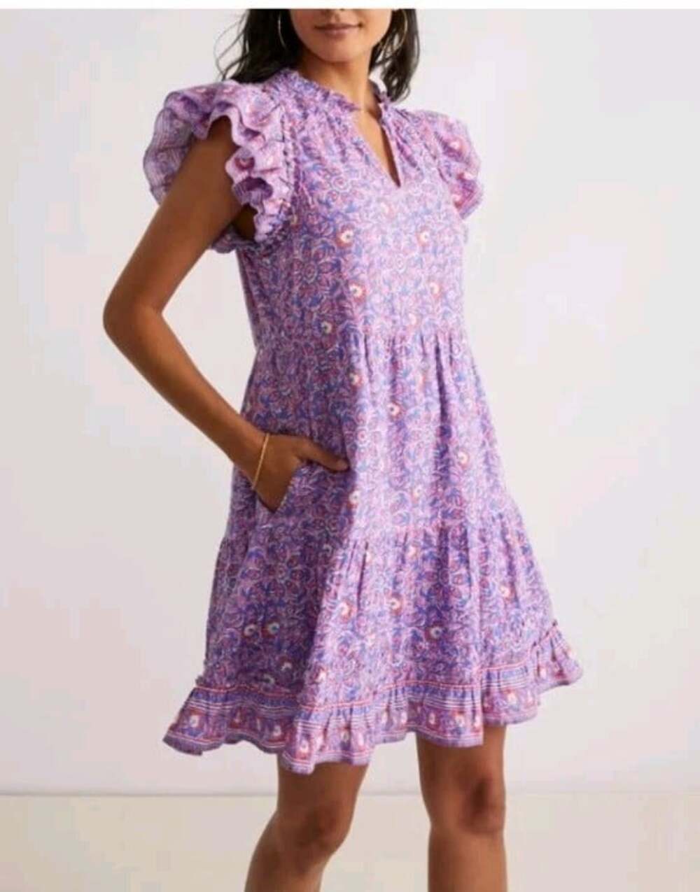 Vineyard Vines Katama Print Ruffle Dress XL Violet Floral Print Pockets Tiered